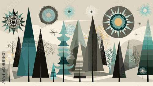 Stylized forest with geometric trees and celestial elements.