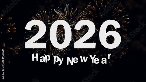 Happy New Year 2026 Animated Text With Fireworks Background