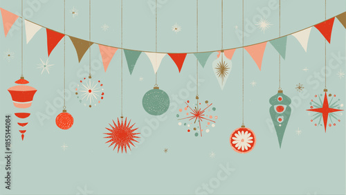 Retro mid-century modern Christmas holiday decorations with hanging ornaments and pennant banners on a light blue background.