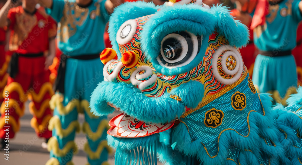 Naklejka premium Close-up of a turquoise lion costume with colorful patterns, part of a traditional chinese lion dance, symbolizing luck, celebration, and performance