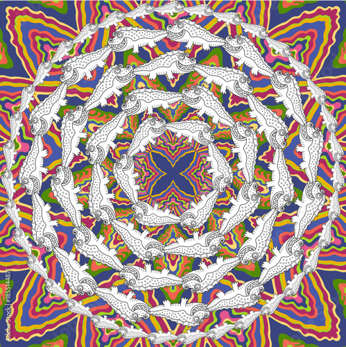 Vector scarf print of black and white crocodiles on a bright ornate geometrical background