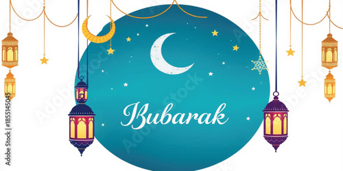 Beautiful Eid Mubarak Illustration Featuring a Glowing Crescent Moon Traditional Hanging Lanterns and Golden Stars on a Blue Gradient Background for Islamic Festival Greeting and Celebration Design