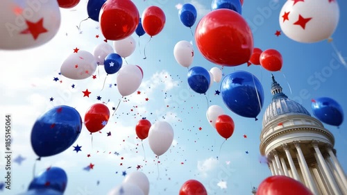 Patriotic balloon celebration against iconic capitol building sky backdrop