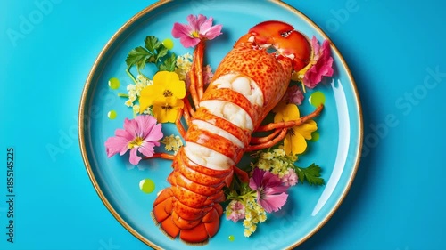 Colorful lobster platter with floral garnish on vibrant blue tabletop