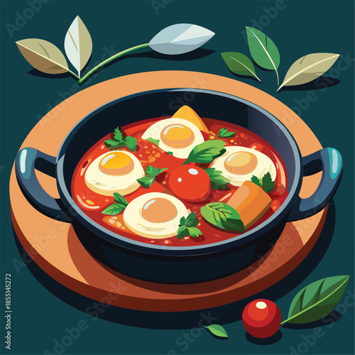 Colorful shakshuka illustration. perfect for vibrant food advertising or editorial content.