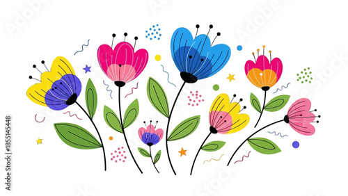 Cheerful and colorful cartoon stylized flowers with leaves on isolated white background