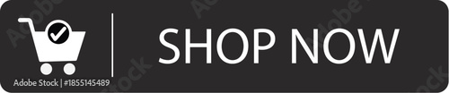 Black shop now button vector with white cart icon and bold verified e-commerce text