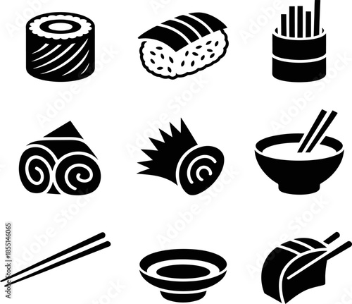 Black and white sushi noodles and chopsticks icon set illustration