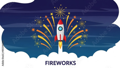 Colorful Fireworks Exploding Behind Rocket Launching in Dark Night Sky Flat Illustration