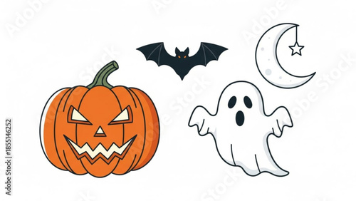 Spooky Halloween Symbols: A collection of iconic Halloween symbols, featuring a carved pumpkin with a sinister grin, a silhouetted bat, a spectral ghost, and a crescent moon with a dangling star.