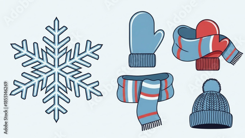 Winter Gear Essentials: A charming collection of cozy winter accessories, including a snowflake, mittens, scarves, and a knitted cap.