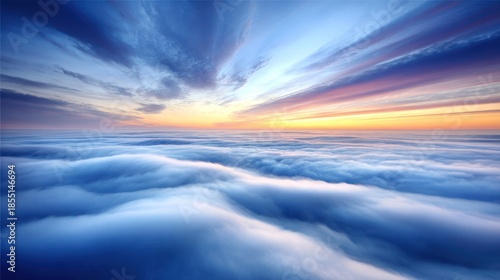 Stunning high altitude view above dense blue cloud cover at sunset