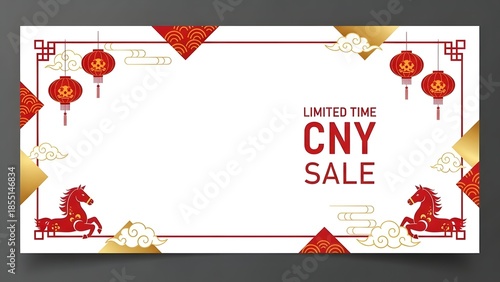 CNY Sale Promotion: A festive Chinese New Year (CNY) banner design, a vibrant combination of red, gold, and traditional symbols like lanterns and horses, signaling limited-time offers and sales.