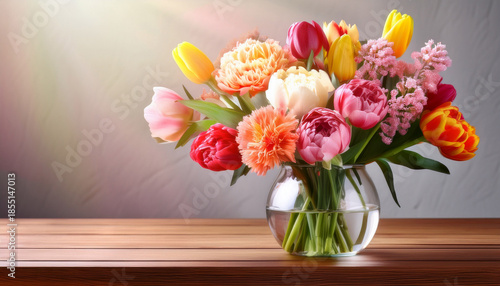 Wallpaper Mural Vibrant Spring Bouquet Of Tulips Peonies And Carnations In Glass Vase On Wooden Table Torontodigital.ca