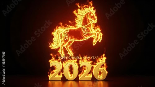 High-quality 3d rendering of a dramatic, fiery orange chinese zodiac horse rearing above the glowing golden number 2026, symbolizing the year of the horse celebration on a dark background.