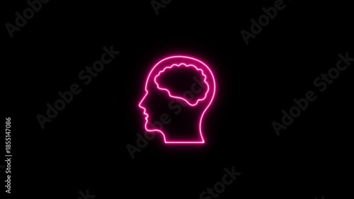 Neon pink outline of human head with brain. Neon Icon. Neon Sign