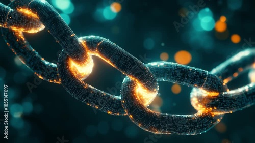 Glowing metal chain with sparks and bokeh light effects in motion