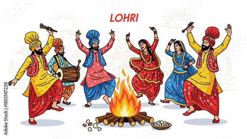 Lohri Celebration: Illustrating the vibrant Lohri festival with people joyfully dancing around a bonfire, capturing the essence of cultural heritage and the spirit of celebration.