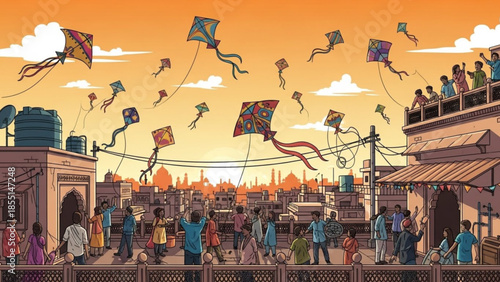 Skyward Symphony: An animated depiction of a lively cityscape, where colorful kites dance against a vibrant, sunlit sky, a scene of joy and community spirit.