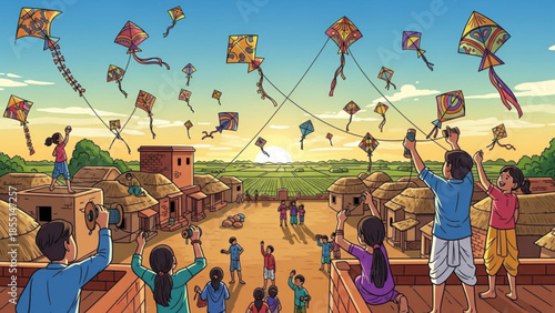 Skyward Serenade: Vibrant kites dance against a picturesque sky above a quaint village, captivating the heart with a joyous display of culture and freedom.