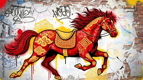 Graffiti Horse Art: Vibrant artwork showcases a majestic horse with intricate patterns against a backdrop of urban graffiti, blending traditional imagery with street art. 