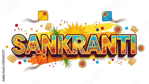 Sankranti Festival Celebration: A vibrant and colorful illustration of the Sankranti festival, showcasing the cultural richness through festive elements like kites, sun, and traditional motifs.