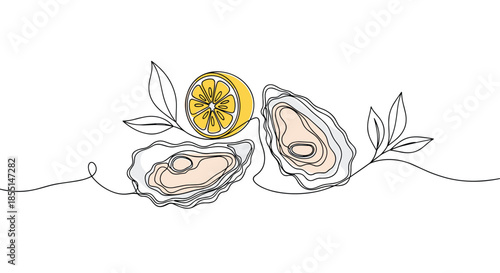 Elegant continuous line drawing of two opened oysters and a whole lemon slice with green leaves for luxury seafood concepts.