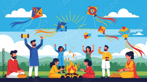 Kites in Harmony: A vibrant portrayal of a community coming together outdoors, launching colorful kites into the breezy sky. A scene filled with joy, and shared delight.