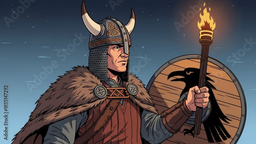 Viking Warrior's Vigil: A strong Viking warrior, clad in traditional attire, holds a flaming torch, embodying strength and readiness. His gaze is focused.