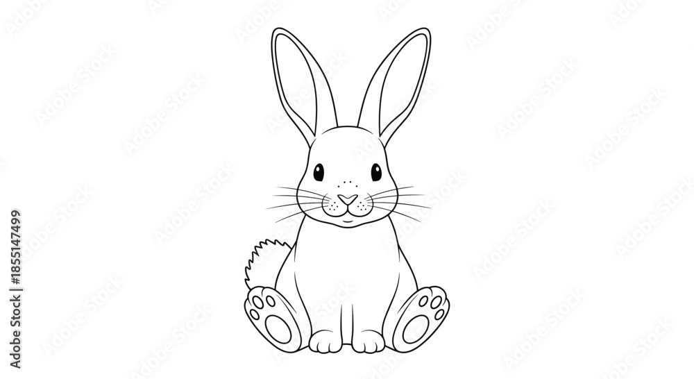 Fototapeta premium Simple black and white line drawing of a cute rabbit sitting on its haunches and looking directly forward with curiosity.