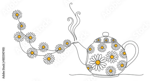 Elegant continuous line drawing of a classic teapot decorated with daisy patterns as flowers and steam emerge from its spout.