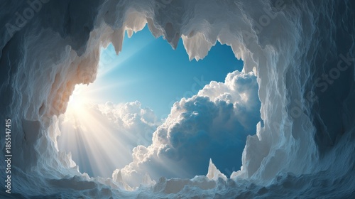 Opening of an icy cavern reveals bright sunbeams piercing through white clouds and a clear blue sky