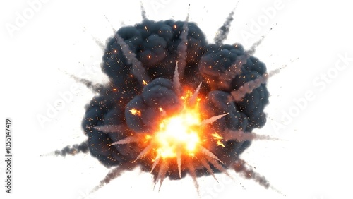 A dynamic explosion with a bright fiery core and dense dark smoke sends sharp, spiky fragments outward, intensely isolated on a stark white background.