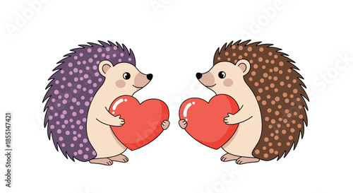 Two cute cartoon hedgehogs with purple and brown spines are holding red hearts while facing each other on a plain white background.