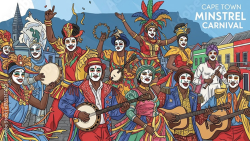 Cape Town Minstrel Carnival: A vibrant ensemble of performers in dazzling costumes and painted faces, bringing the lively spirit of the Cape Town Minstrel Carnival to life, infused with music, dance.