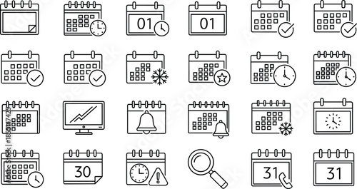 Calendar and schedule line icons set, date, reminder, event planning and time management symbols for apps, vector illustration