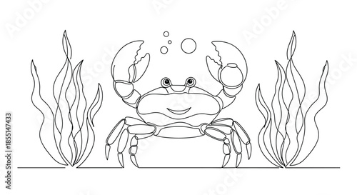 Minimalist continuous line drawing depicting a happy crab with raised claws swimming among ocean seaweed and rising bubbles.