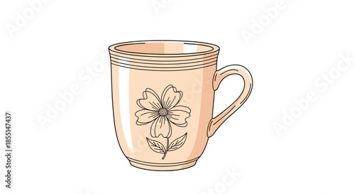 Charming peach-colored ceramic coffee mug featuring a delicate line drawing of a single flower with leaves on its side surface.