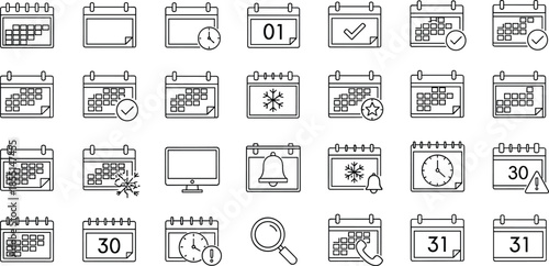 Calendar line icons set, scheduling, reminders, deadlines and event planning symbols for productivity apps and interfaces, vector illustration
