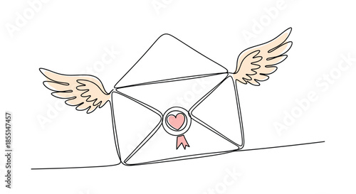 Whimsical continuous line drawing of an open envelope with feathery wings and a heart-shaped seal flying through the air.