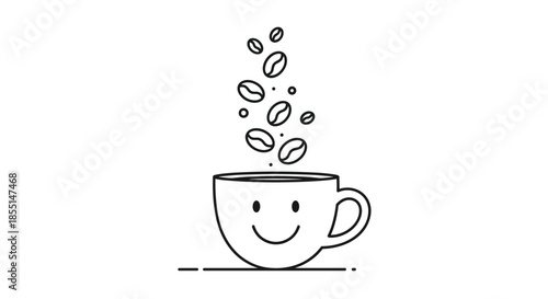 Minimalist line drawing of a smiling white coffee cup with several coffee beans floating above it to represent morning aroma.
