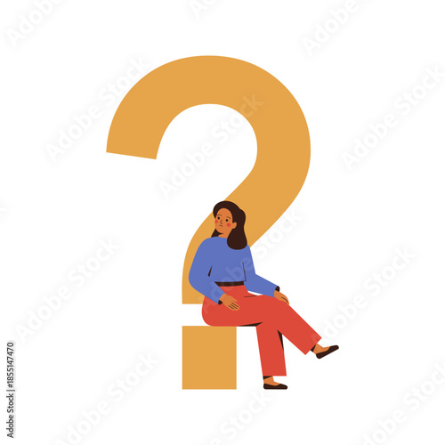 Thinking woman sits on a big yellow question mark. Metaphor of uncertainty, doubt, decision or explaination. Vector illustration