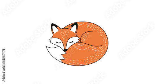 Adorable orange fox curled up and sleeping peacefully with its tail wrapped around its body in a cozy circular shape.