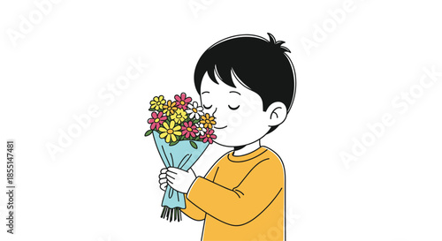 Happy young boy with black hair wearing an orange sweater and smiling while smelling a colorful bouquet of flowers in a blue wrap.