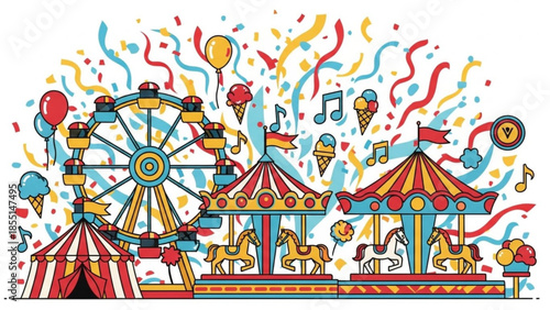 Whimsical Carnival Celebration: An inviting illustration of a vibrant carnival scene, brimming with iconic elements such as Ferris wheels, merry-go-rounds, and festive decorations.