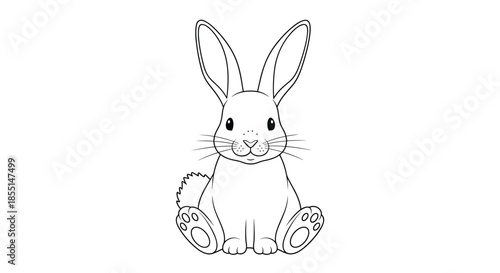 Simple black and white line drawing of a cute rabbit sitting on its haunches and looking directly forward with curiosity.