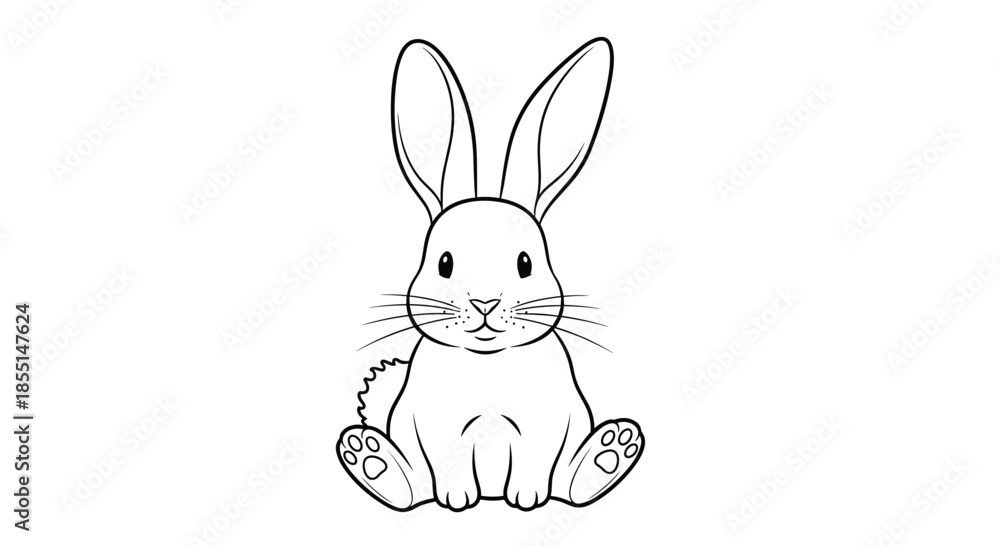 Fototapeta premium Cute line drawing of a small white rabbit sitting and looking forward with its long ears alert and little paws visible.