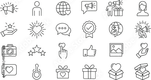 Social media outline icons pack, marketing, communication, engagement and user interaction symbols for apps and web, vector illustration