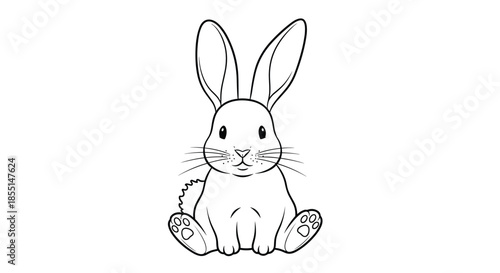Cute line drawing of a small white rabbit sitting and looking forward with its long ears alert and little paws visible.