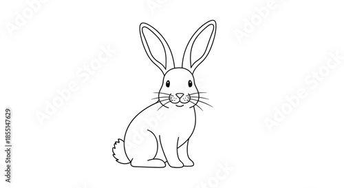 Simple black and white line drawing of a sitting rabbit looking towards the right side with its long ears and whiskers.